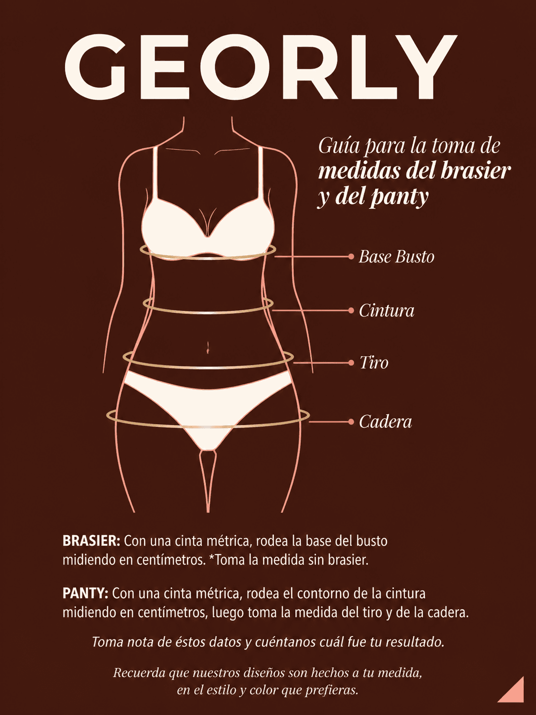 Guía Georly para tomar las medidas del brasier y panty: base busto, cintura, tiro y cadera